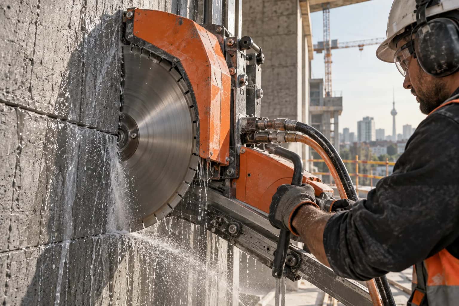 Illustration of concrete wall cutting with a disc saw